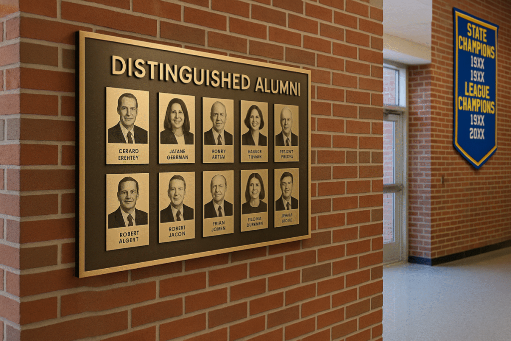 image displays a "Distinguished Alumni" plaque mounted on a brick wall, featuring portraits and names of several individuals