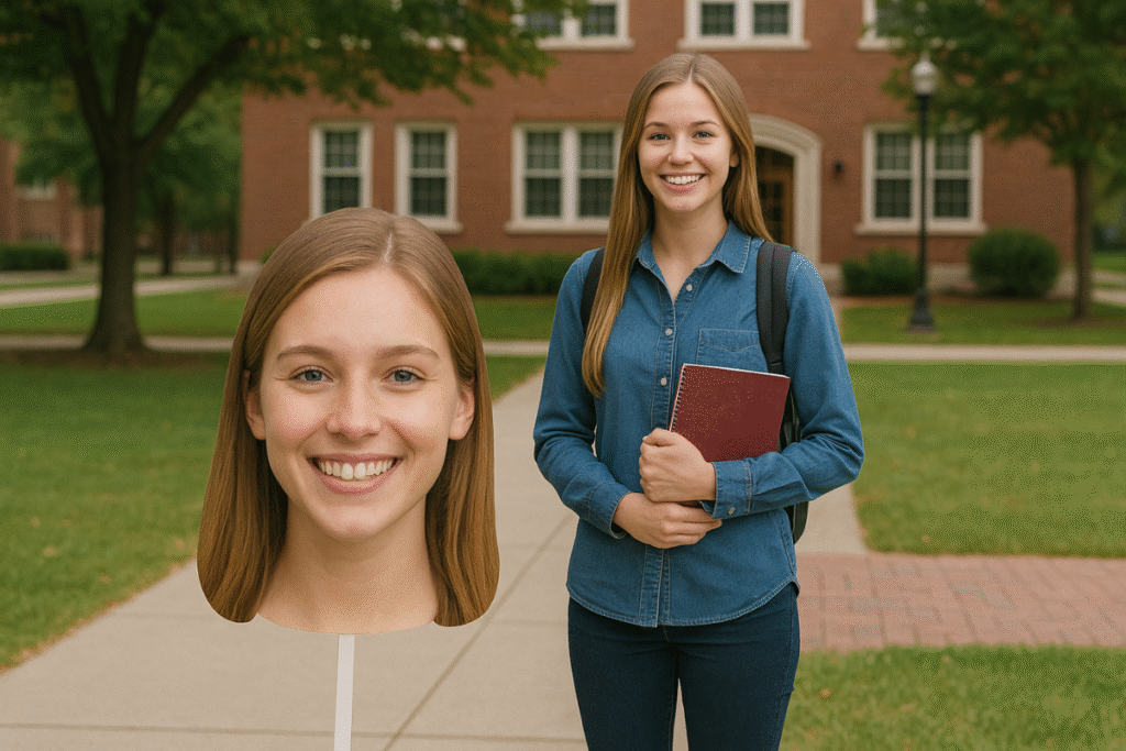 image prominently features a young woman standing outdoors, holding a book or notebook, and wearing a denim shirt and dark pants