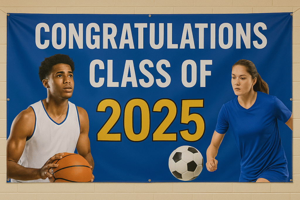 image displays a banner congratulating the "Class of 2025." The banner features two individuals: a male holding a basketball on the left and a female next to a soccer ball on the right